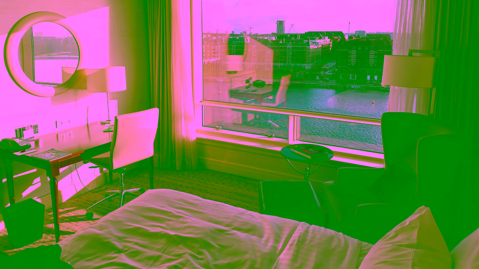 Hotel room overlooking the waterfront.
