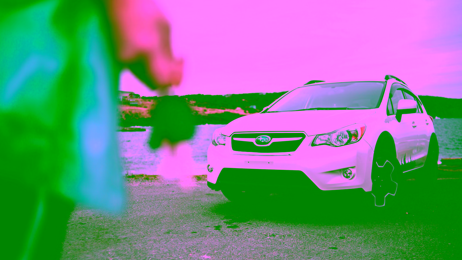White Subaru car parked near the coast.
