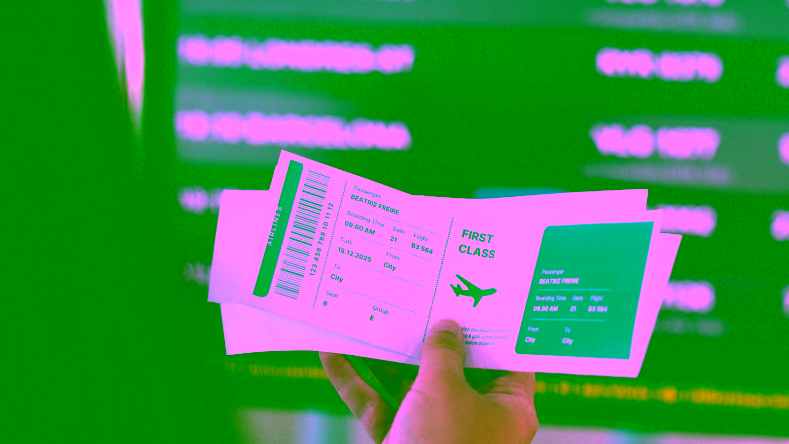 First-class airline ticket at the airport.