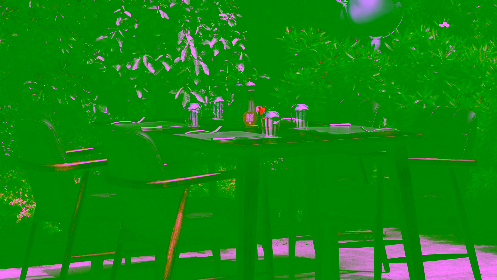 Outdoor dining table surrounded by greenery