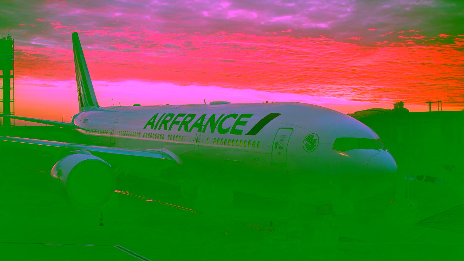 Air France airplane at sunset on airport runway