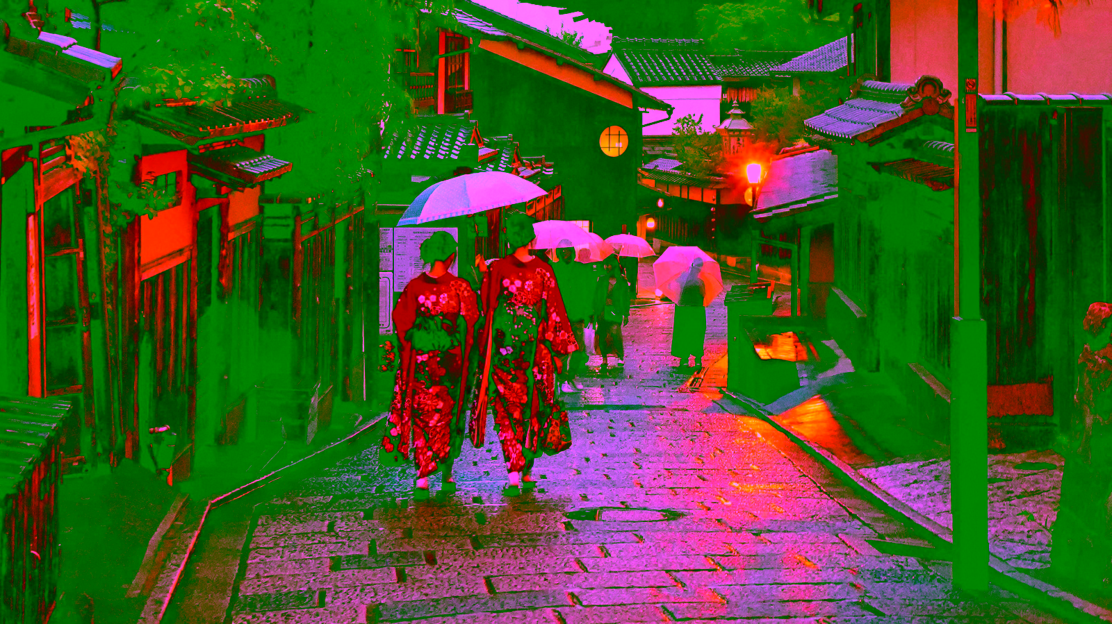 Kyoto street with women in kimonos.