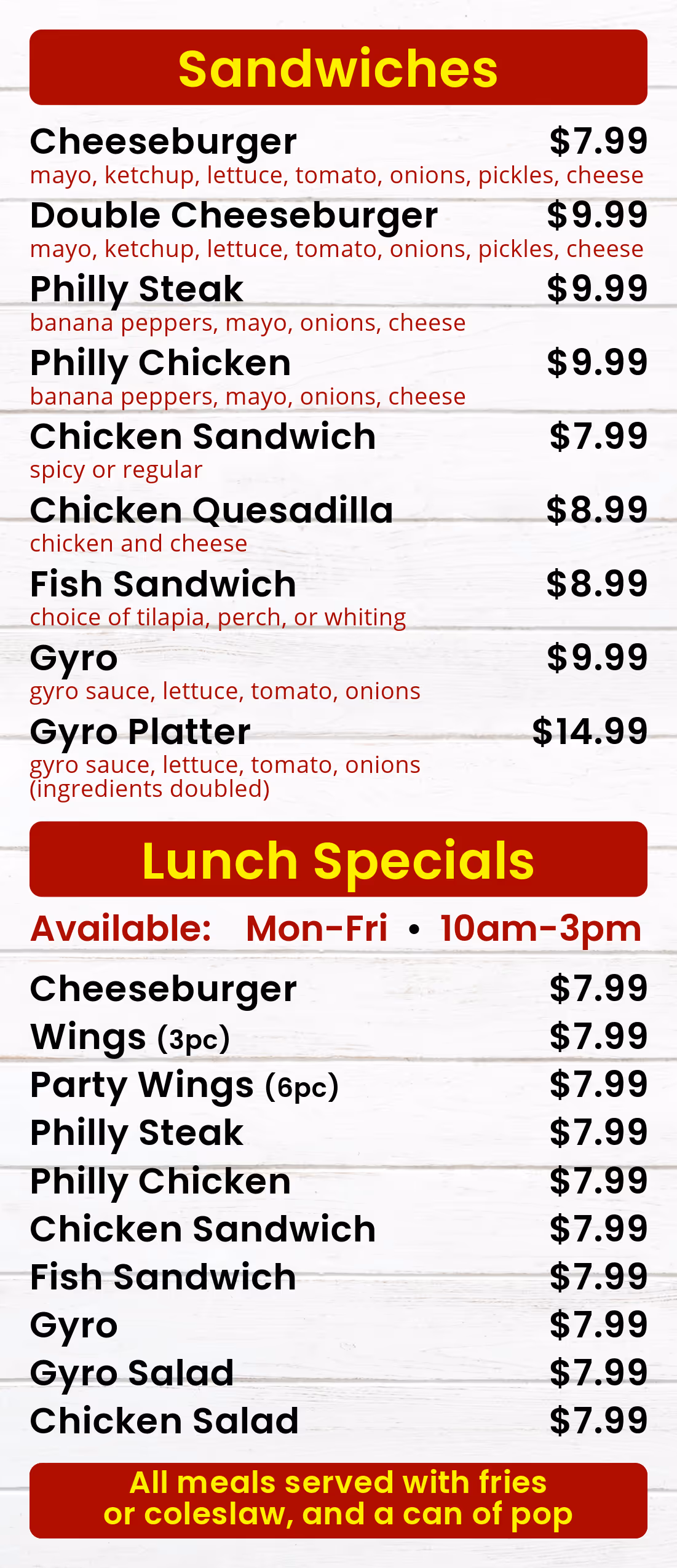 the fourth page of our menu