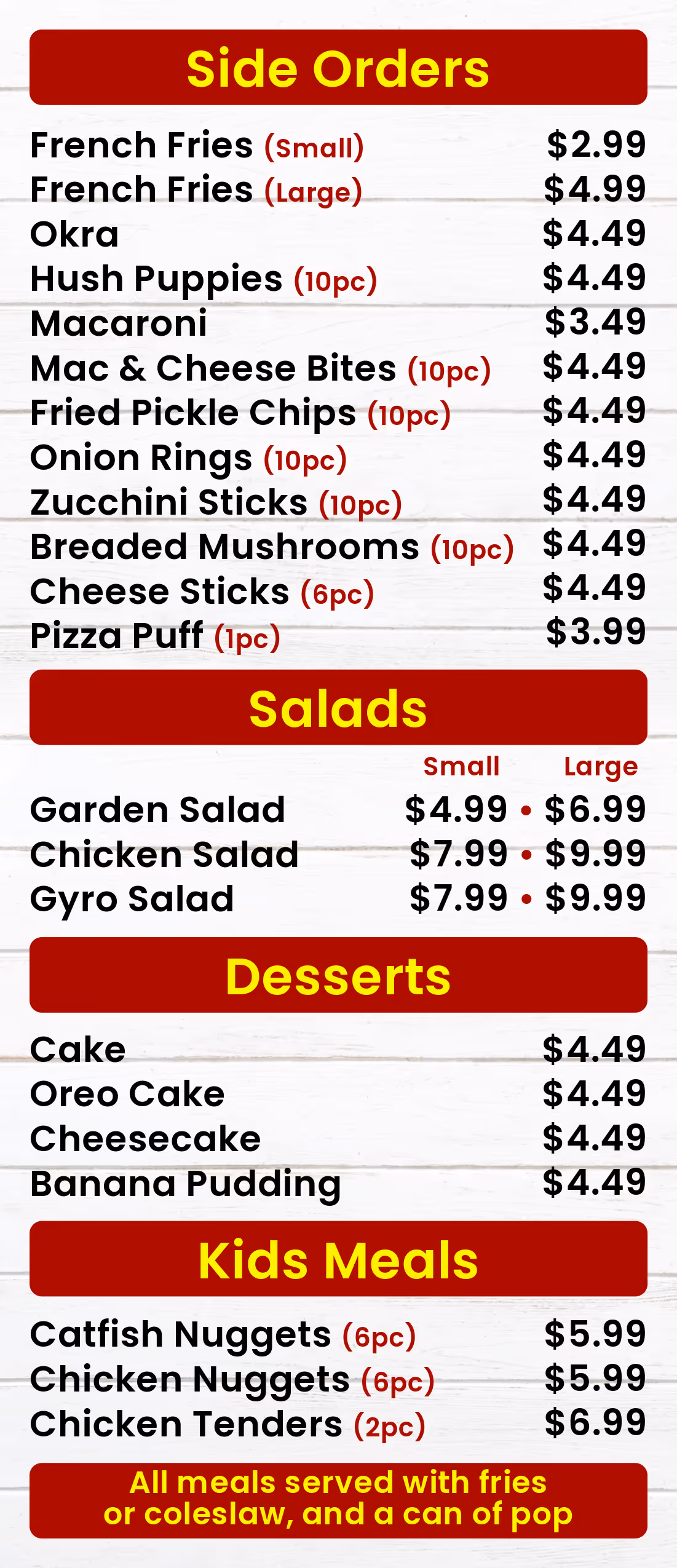 the fifth page of our menu