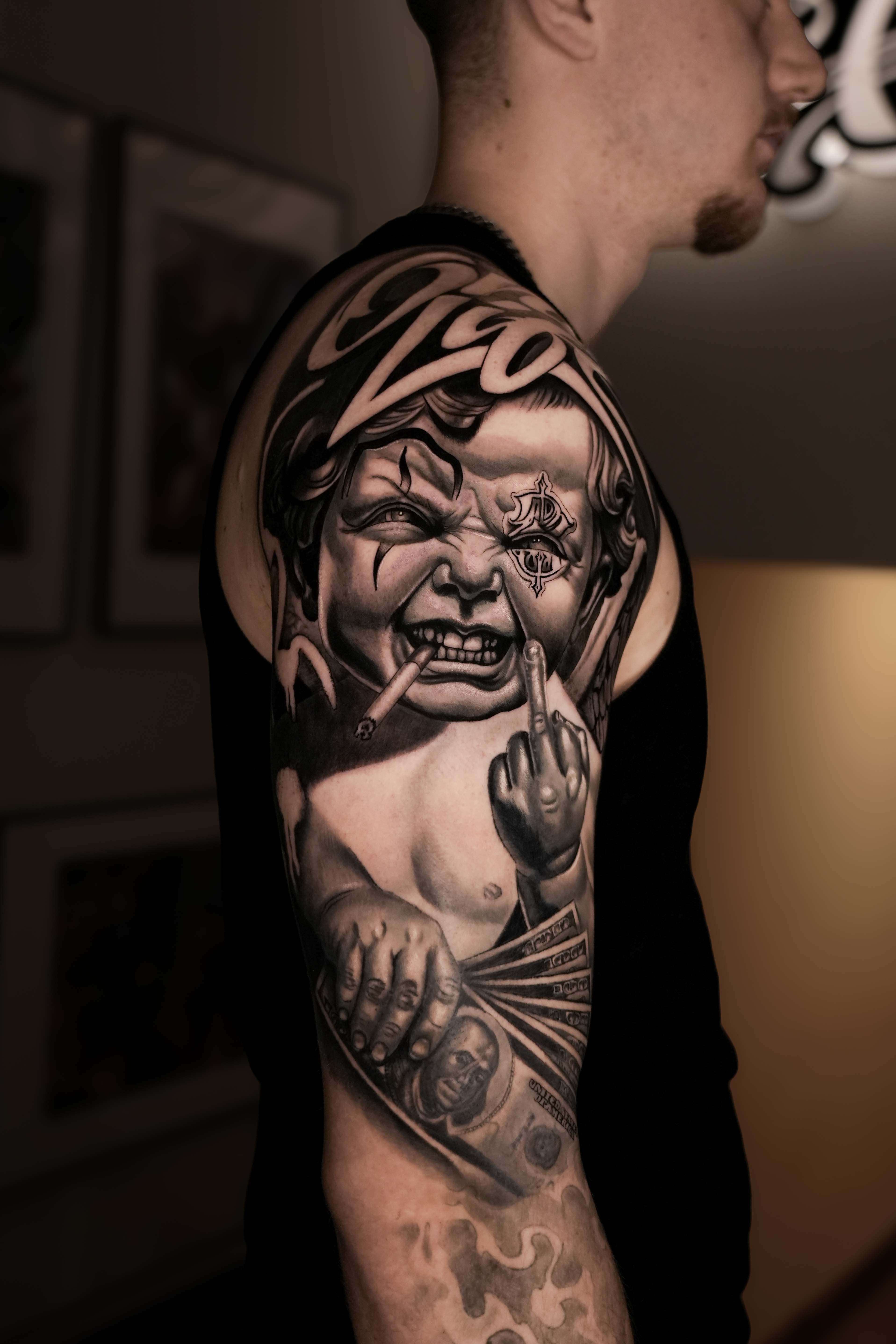Arm tattoo - black and grey realism by Aiste