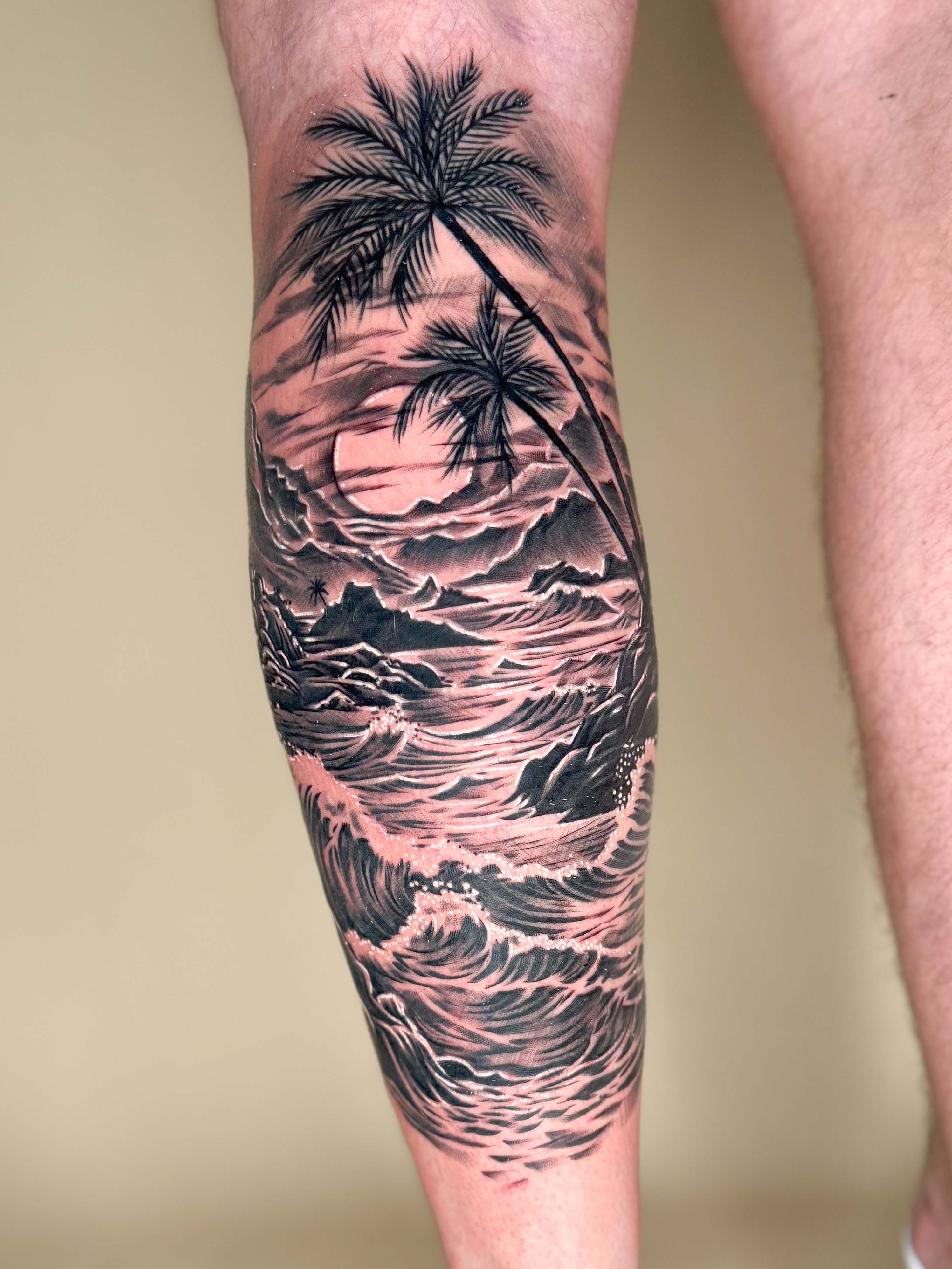 Full leg tattoo - black and grey realism by Bruno