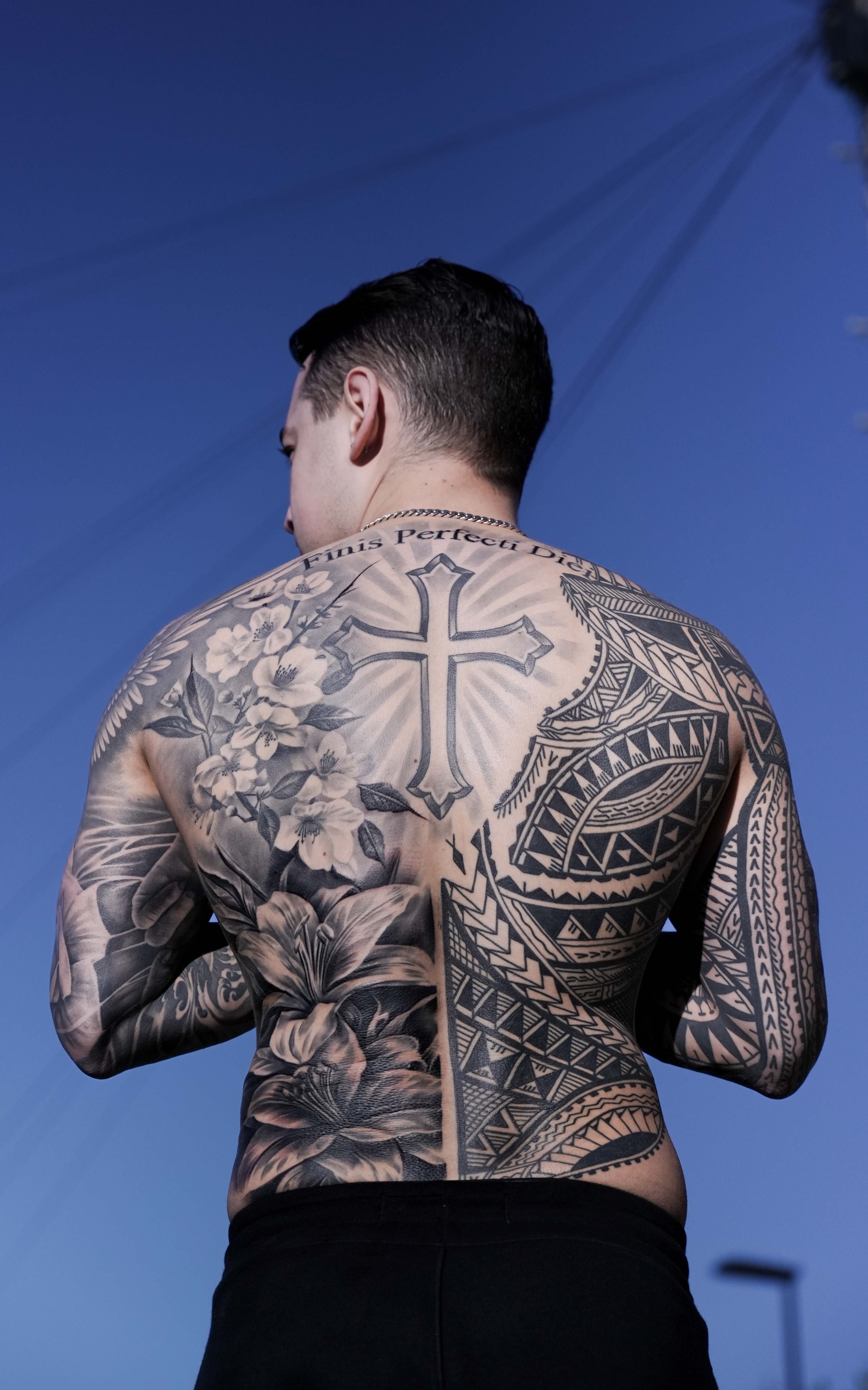 Full back piece - black and grey realism by Bruno