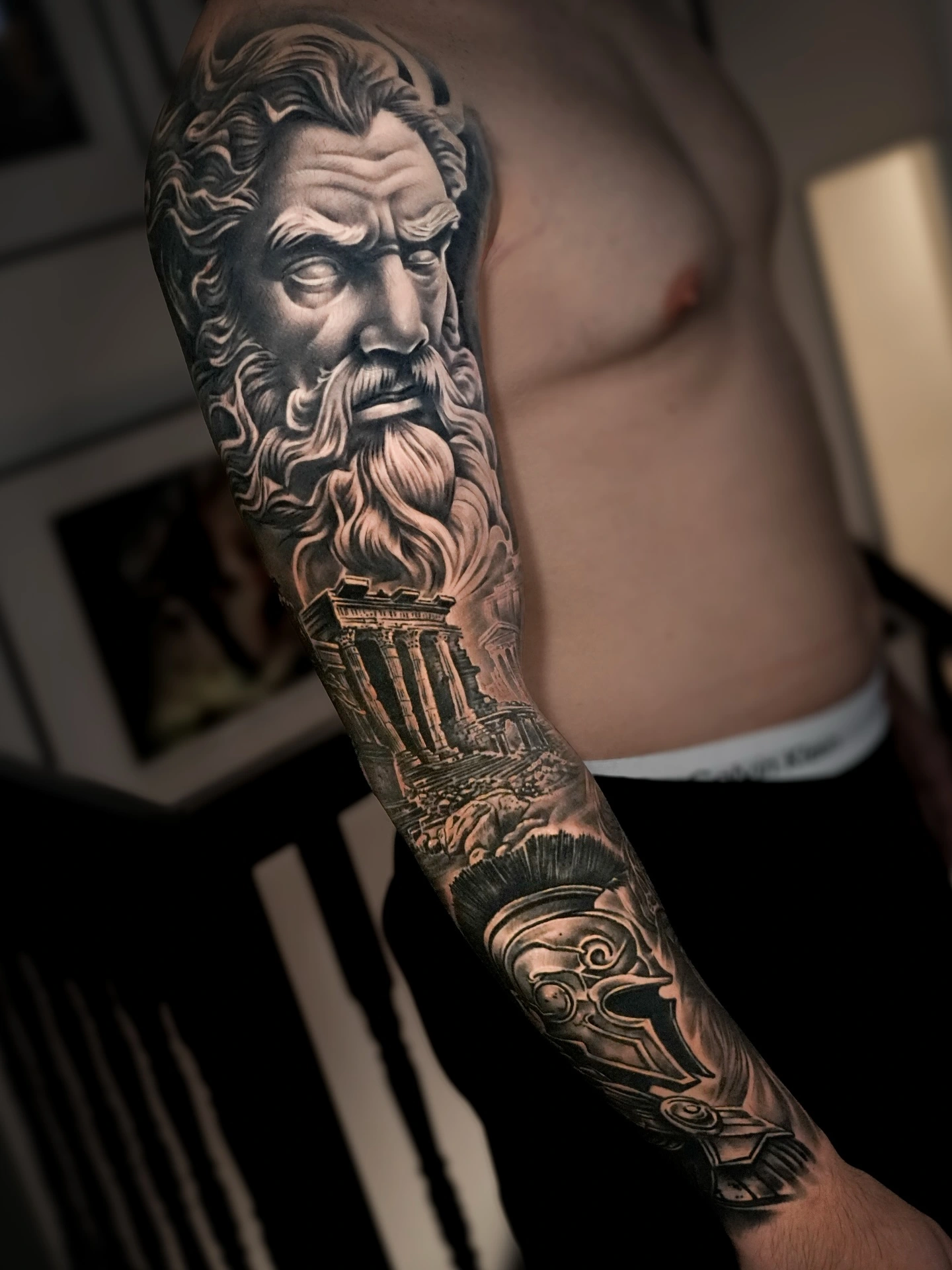 Portrait sleeve — black & grey realism