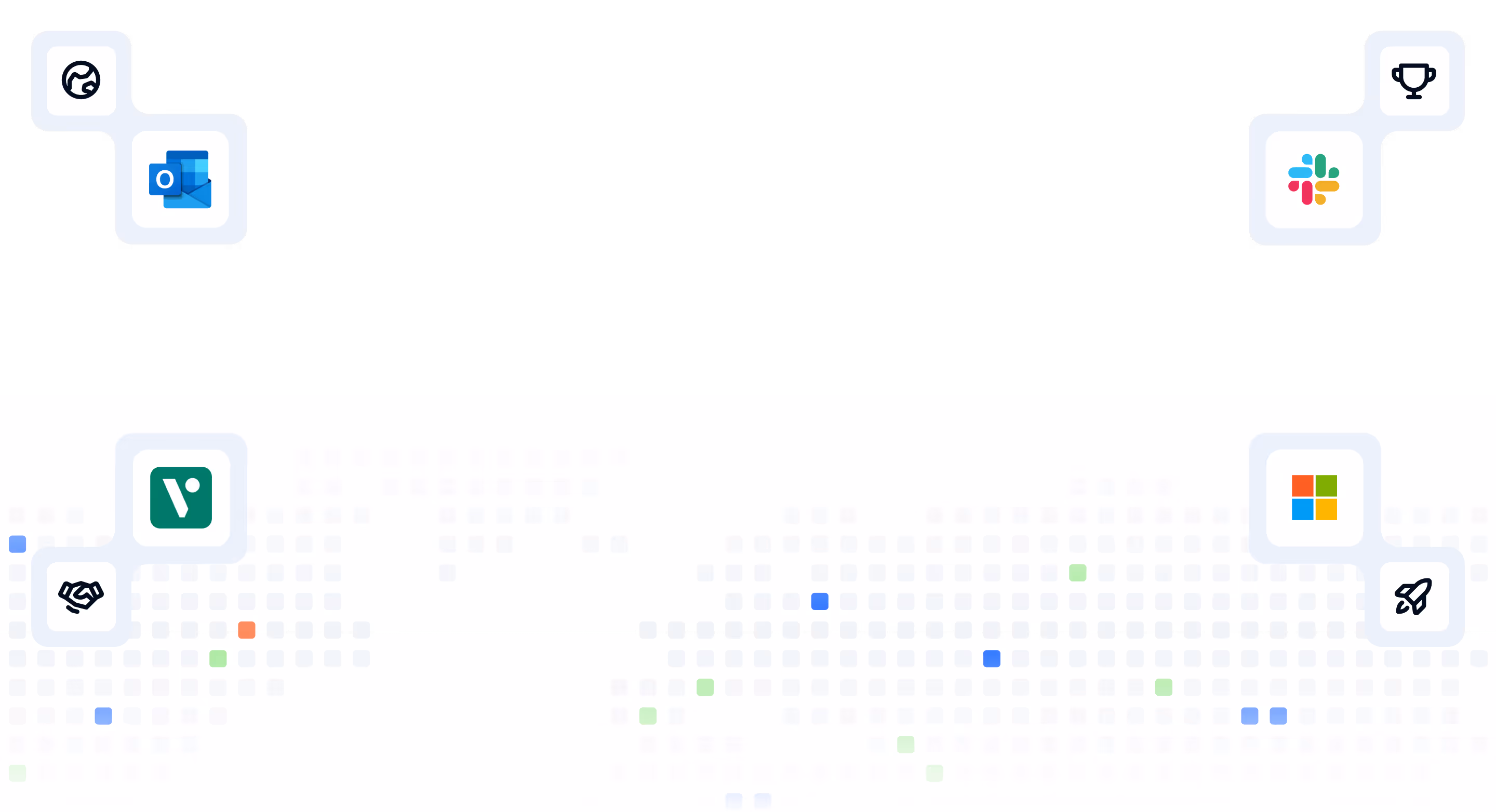 Illustration showing integration of communication and productivity apps including Microsoft Outlook, Slack, and Microsoft with icons connected by dotted lines and small squares.