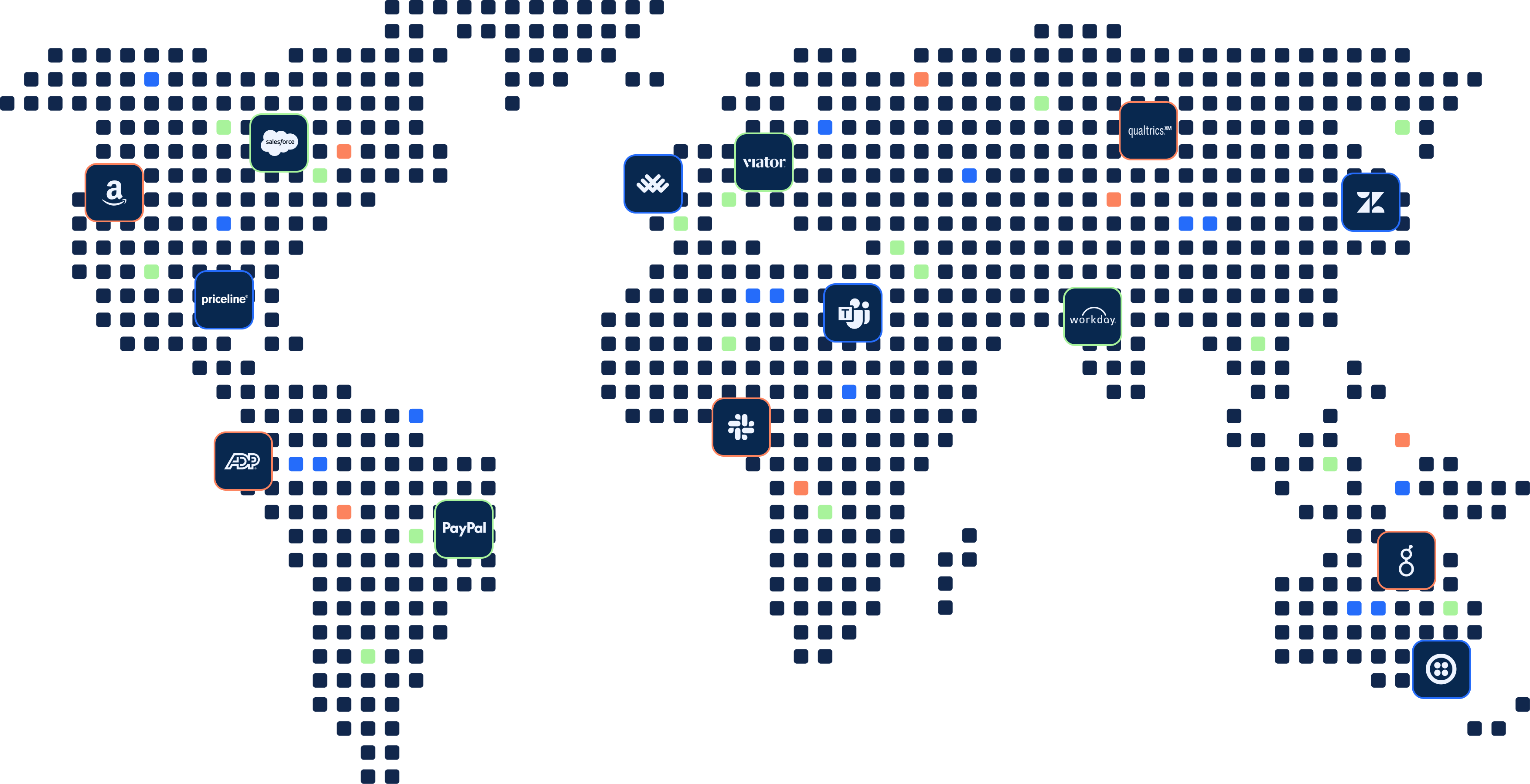 Global network of tech company logos on pixelated digital world map