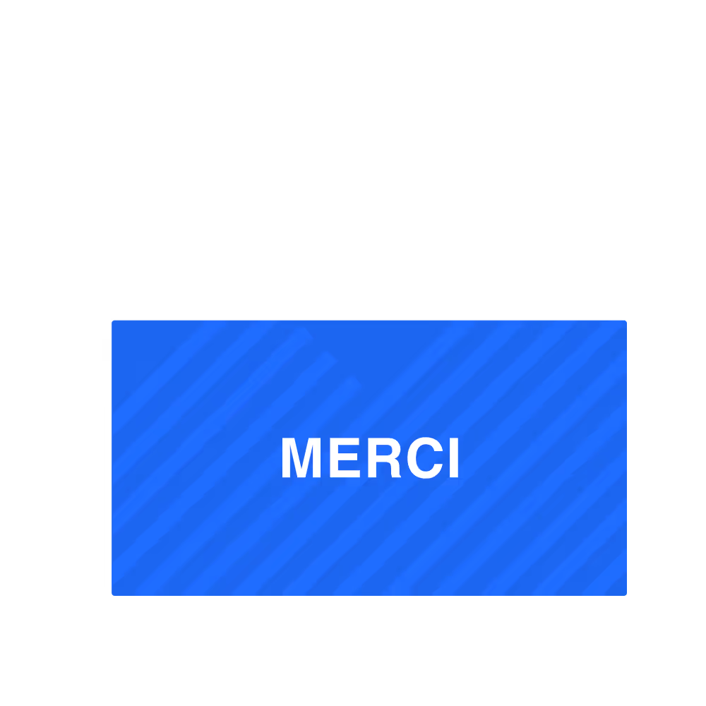 Carte bleue avec le mot 'Merci' en blanc, fond à rayures diagonales