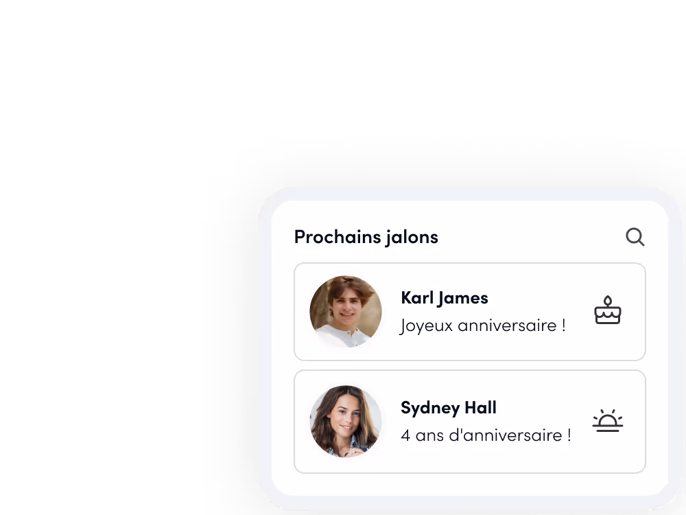 Tableau des prochains anniversaires de Karl James et Sydney Hall