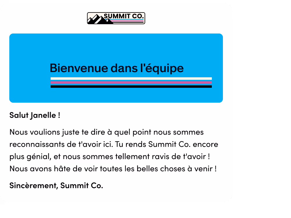 Message de bienvenue de Summit Co. en bleu pour un nouveau membre d'équipe