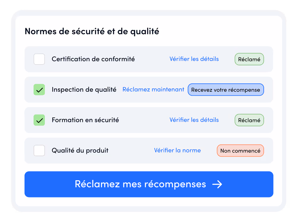 Tableau des normes de sécurité et de qualité avec cases à cocher