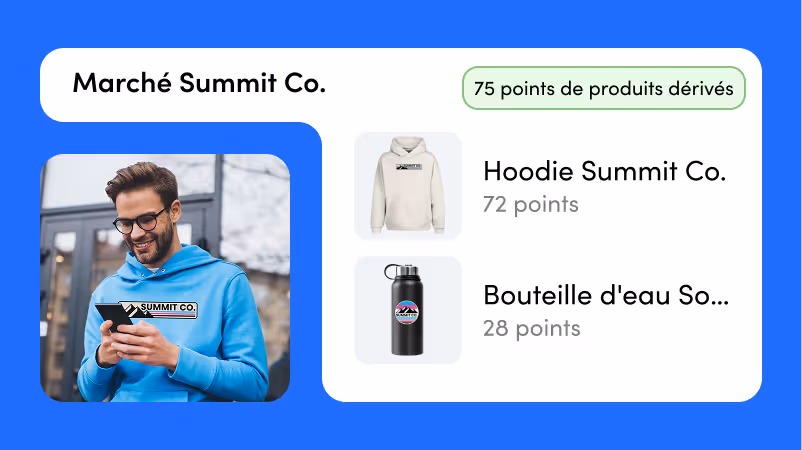 Homme souriant portant un sweat à capuche bleu Summit Co. et consultant son téléphone