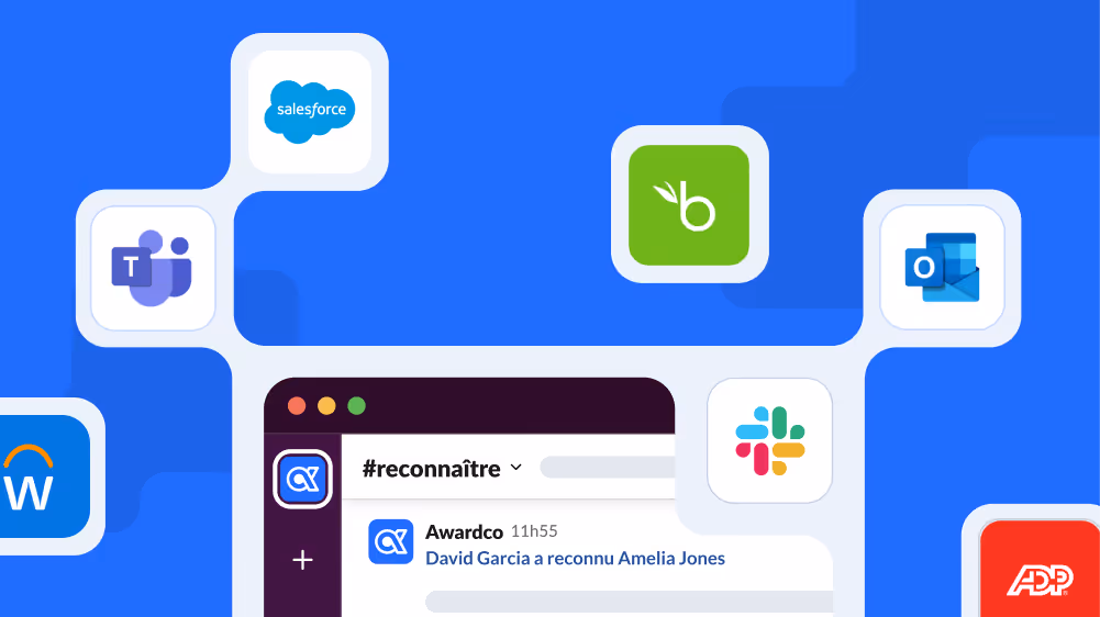 Logos d'applications professionnelles interconnectées sur fond bleu