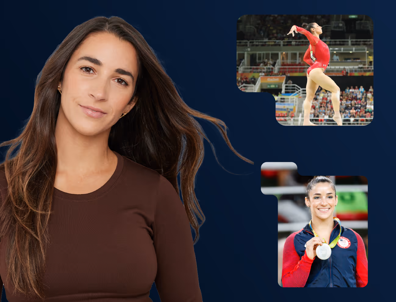 Portrait of a woman with long brown hair wearing a brown shirt, alongside two smaller images of a female gymnast performing on a floor exercise and holding a silver medal at a competition.