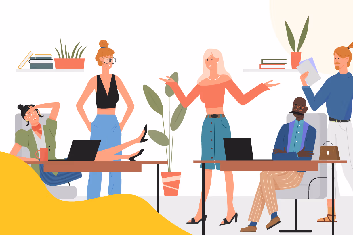 Illustration of coworkers conversing in a health work environment