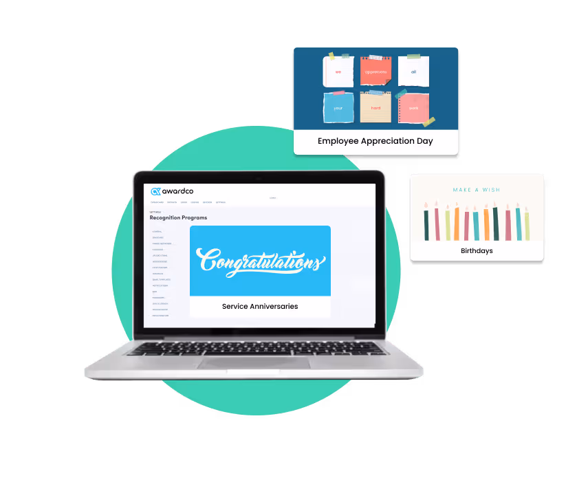 Laptop showing Awardco platform capabilities to automate Service Anniversaries, Employee Appreciation Day, and Birthdays.
