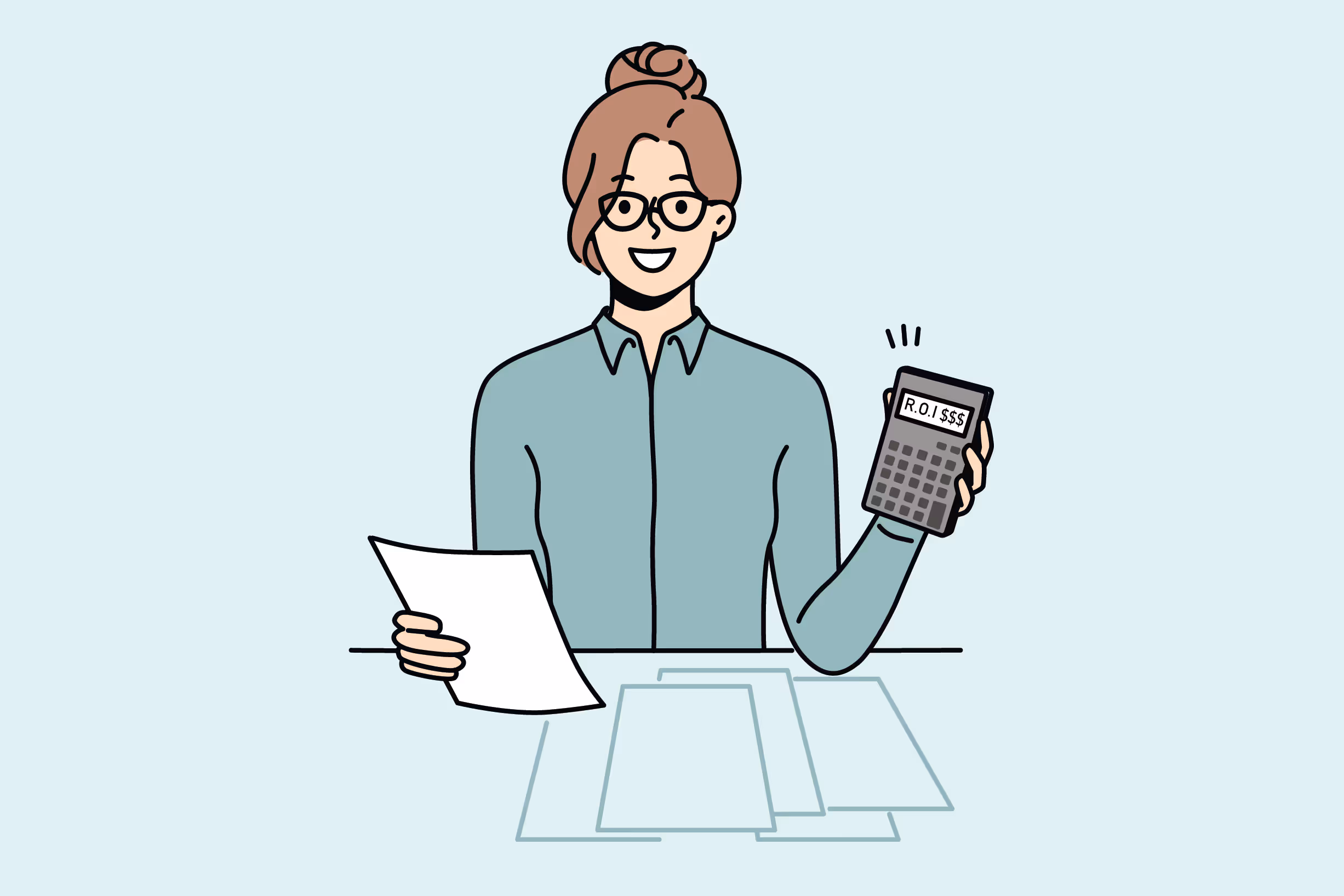 A businesswoman with papers and calculator, showing financial expertise.