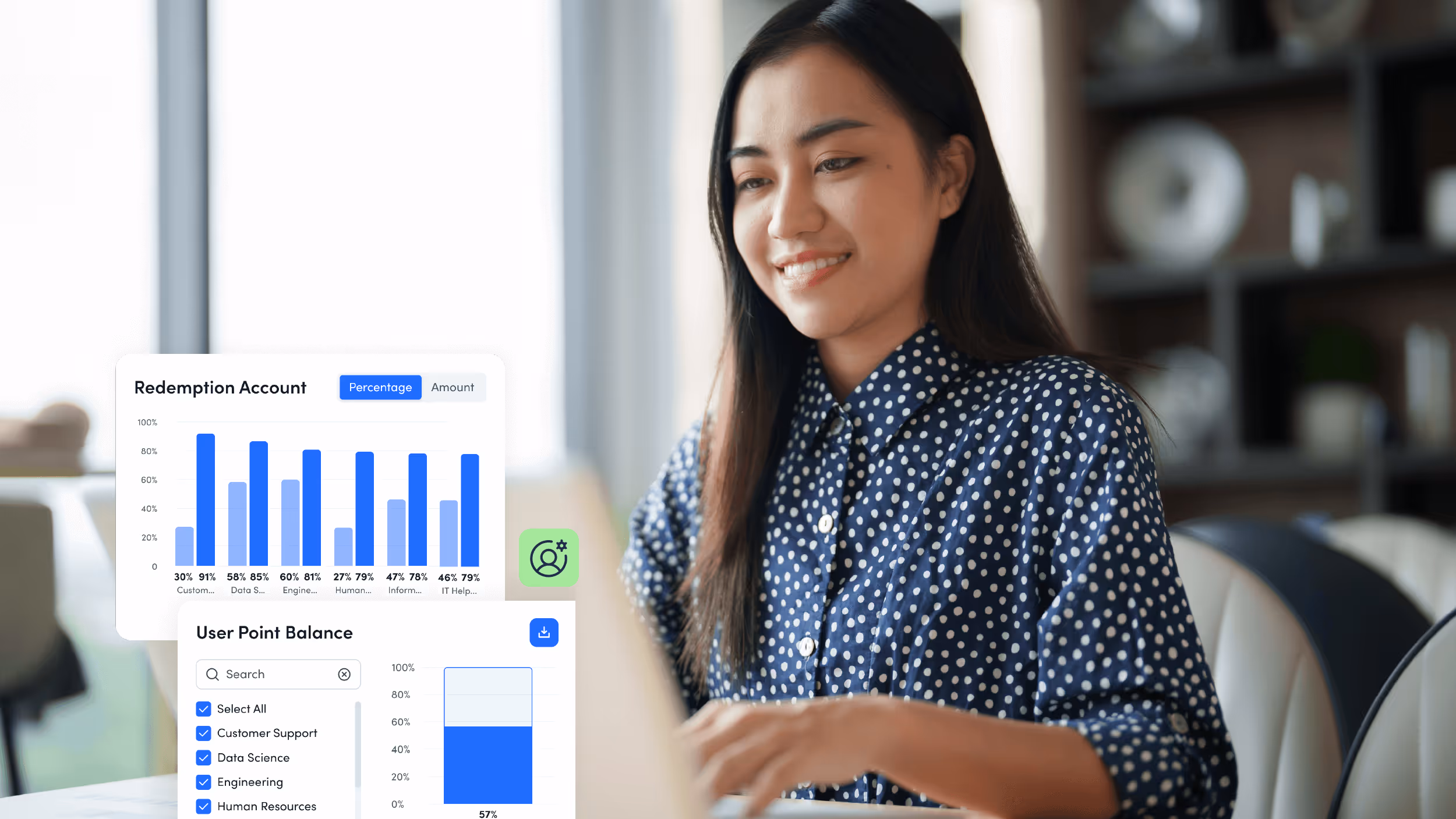 Woman on laptop with charts of redemption percentages