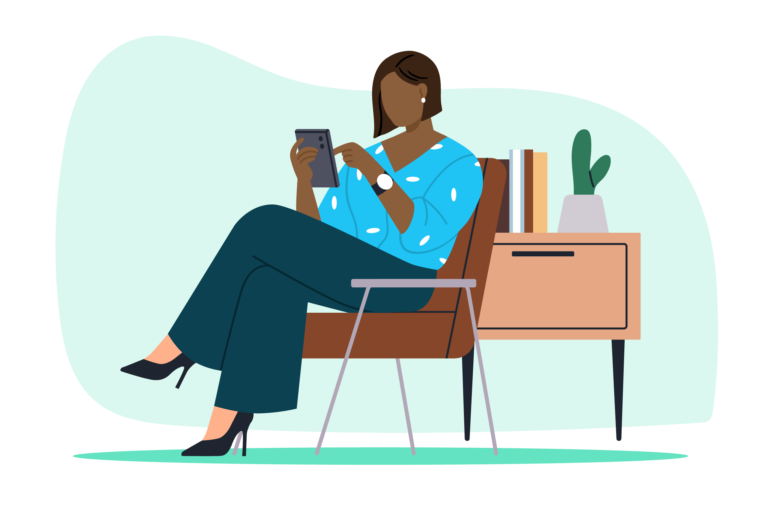 An illustration of a woman looking at a tablet device.
