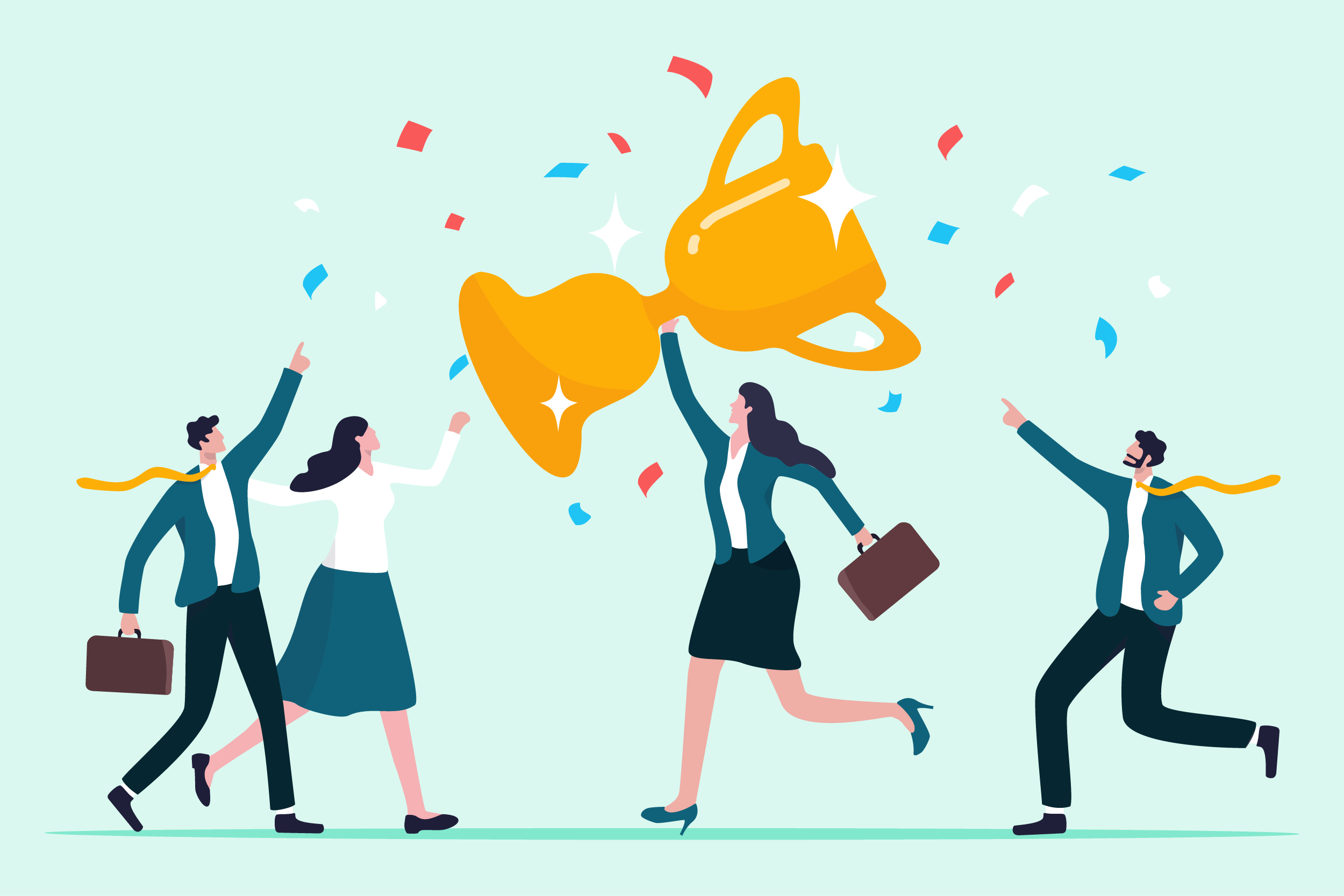An illustration of employees celebrating with a trophy