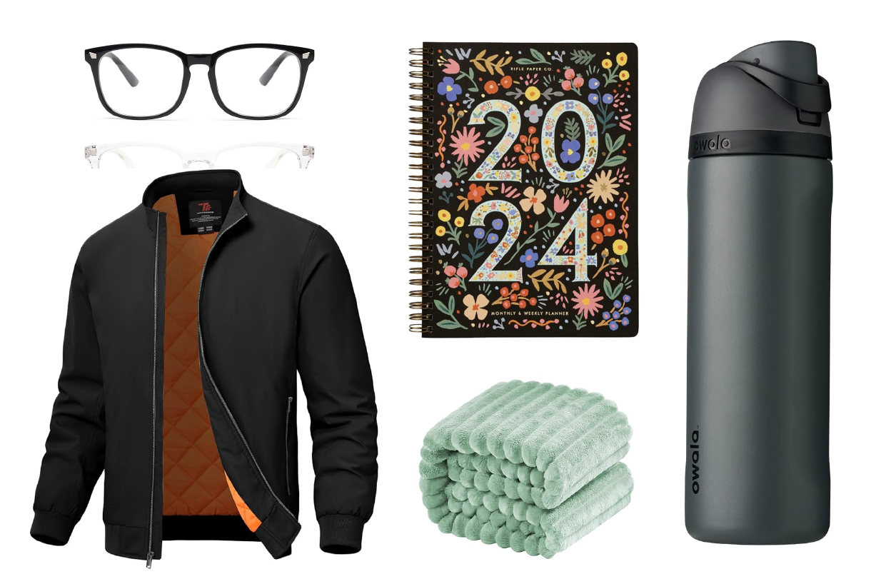Blue Light Glasses, Planner, Eco-Friendly Water Bottle, Premium Jacket, Throw Blanket