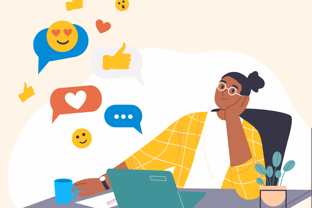Illustration of a happy female employee sitting at her desk