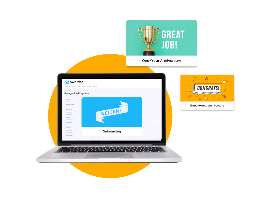 Laptop shows Awardco platform with emails for onboarding and service anniversaries. 