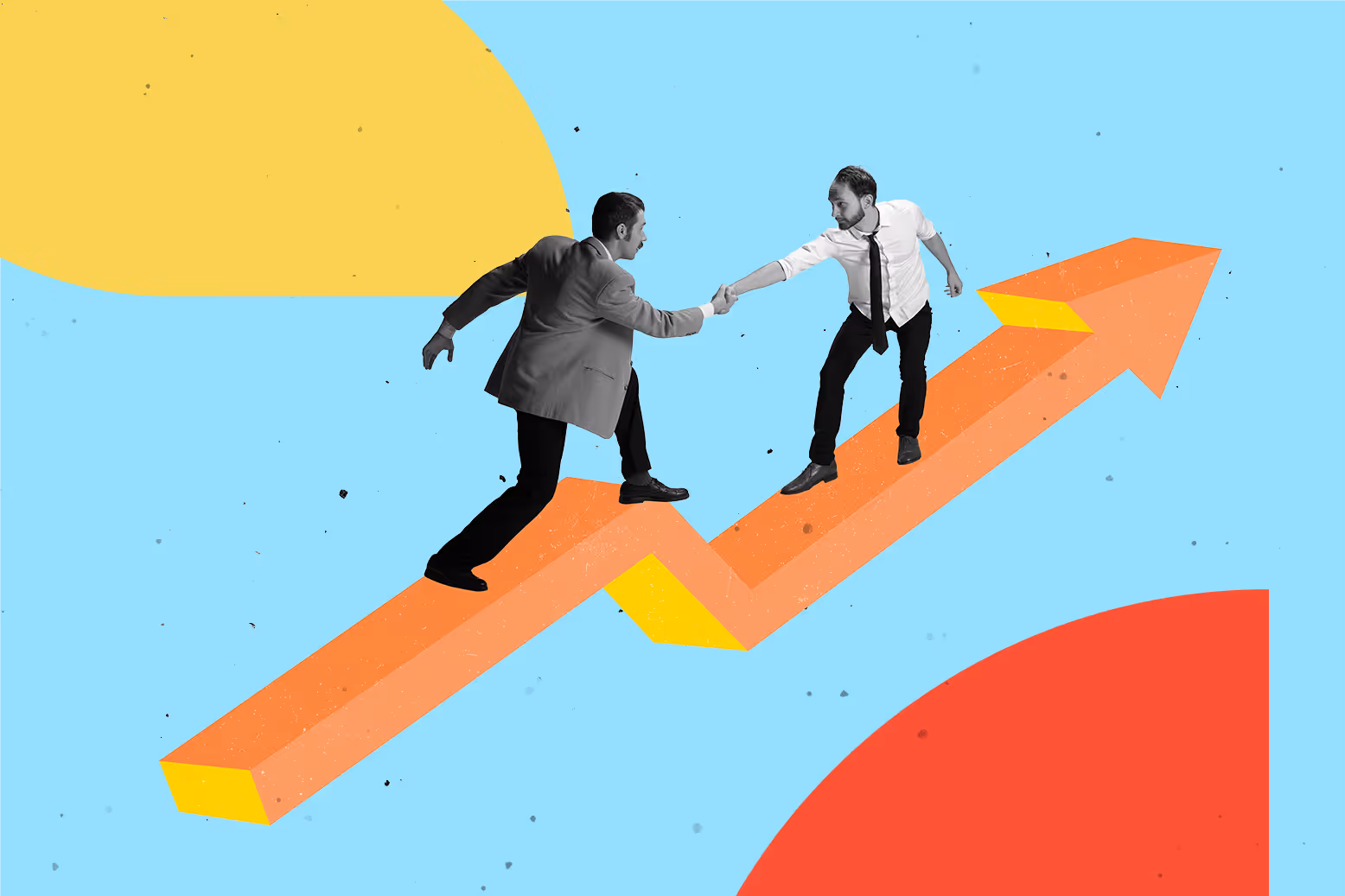 Illustration of employees helping one another on an arrow going up