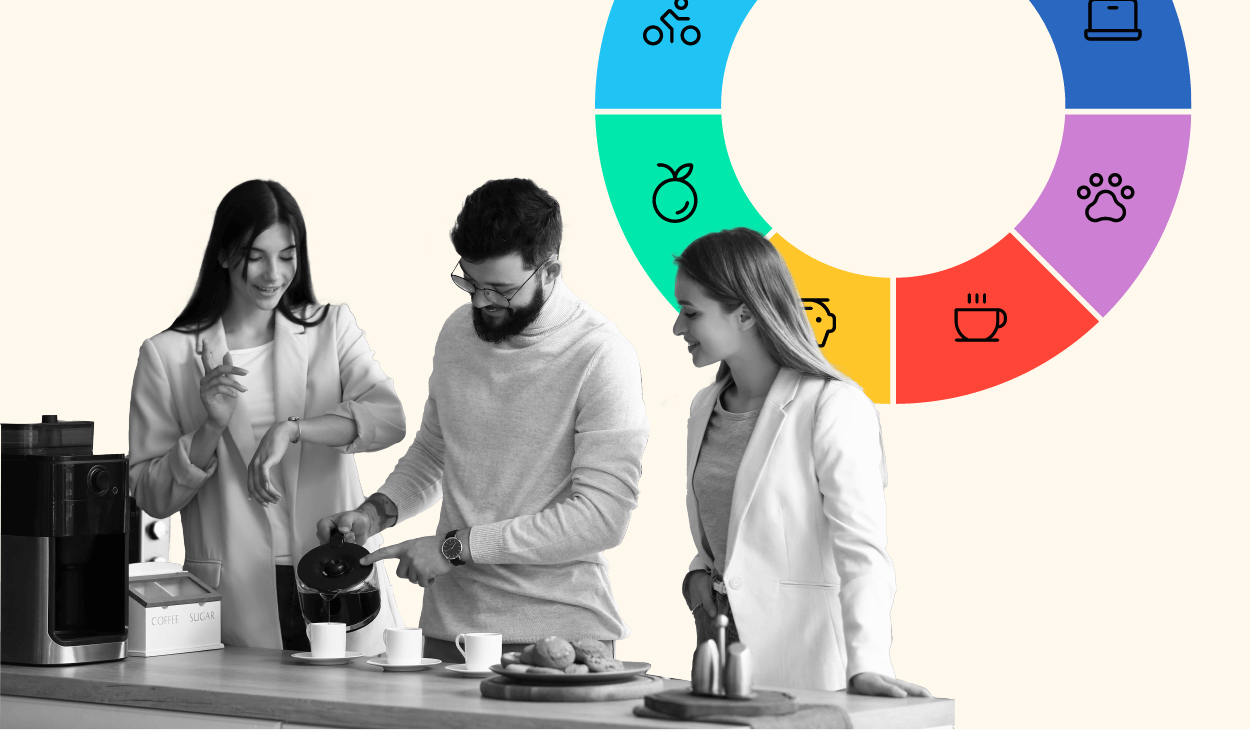 employees filling up with coffee with other lists of benefits behind them