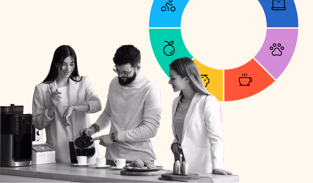 employees filling up with coffee with other lists of benefits behind them