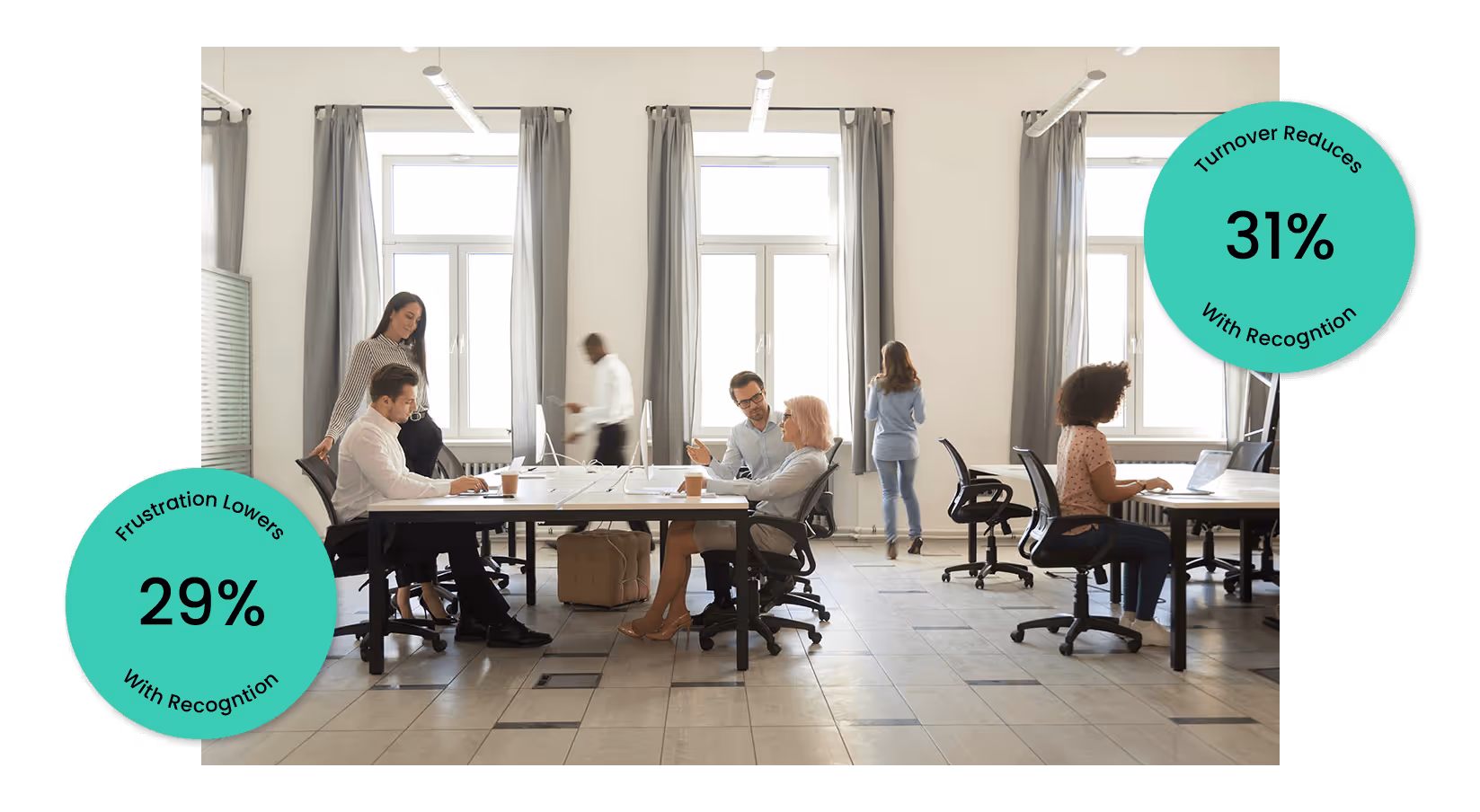 Photo of a workspace with statistics "Turnover reduces 31% with recognition" and "Frustration lowers 29% with recognition" 