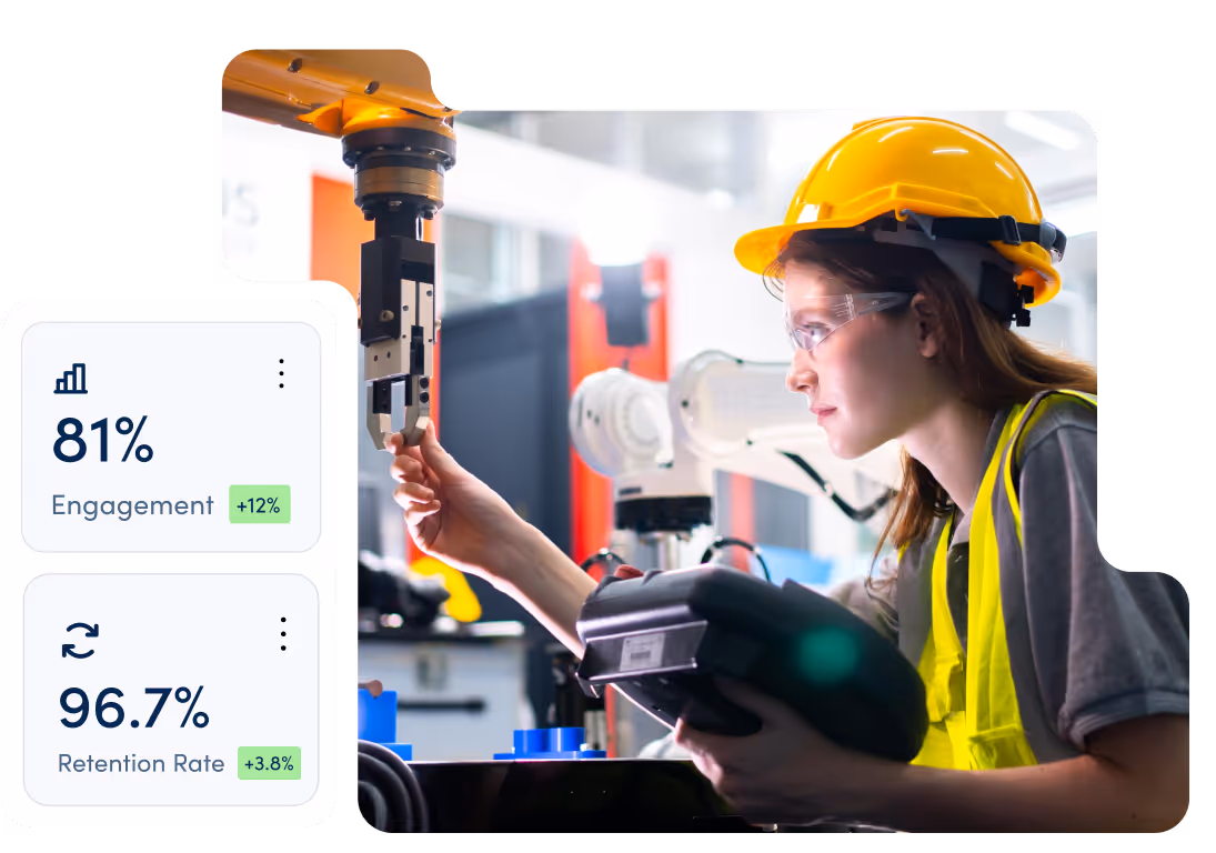 Woman working in manufacturing with graphics for engagement and retention rates