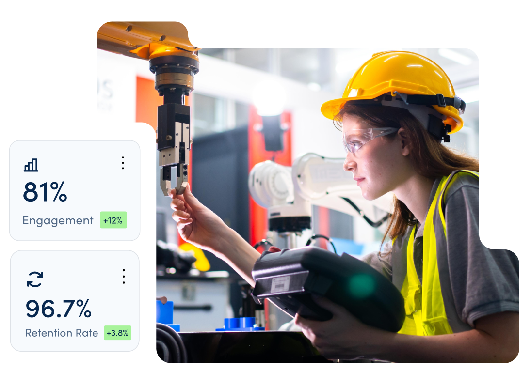 Woman working in manufacturing with graphics for engagement and retention rates