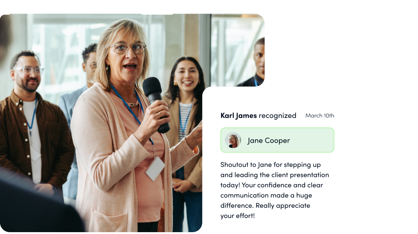 Woman speaking in office meeting with recognition of appreciation
