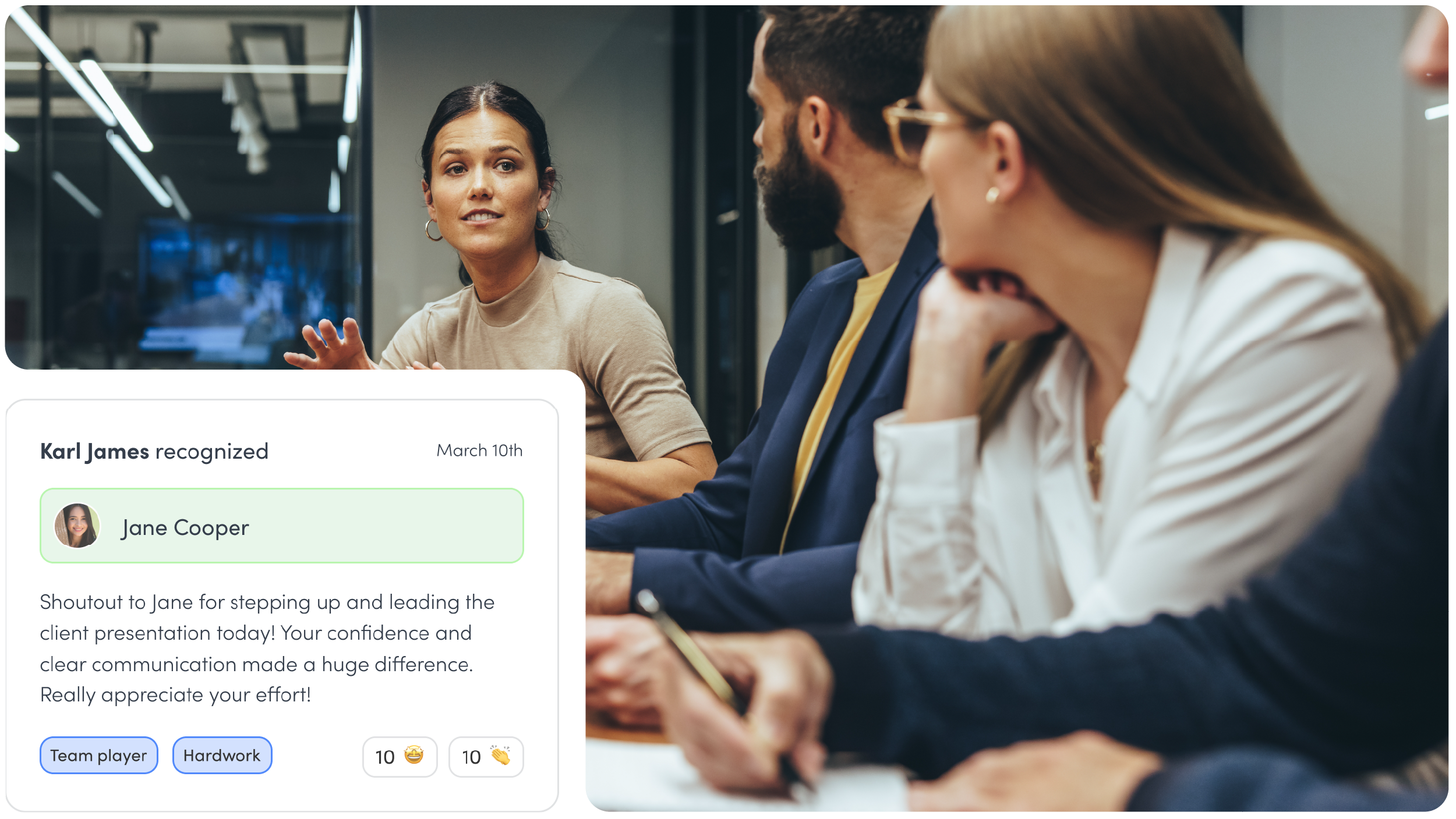 Recognition from Karl to jane "Shoutout for stepping up and making such a difference."