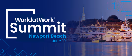 Logo for WorldatWork Summit with text Newport Beach June 10 over a scenic harbor with boats and buildings at sunset.