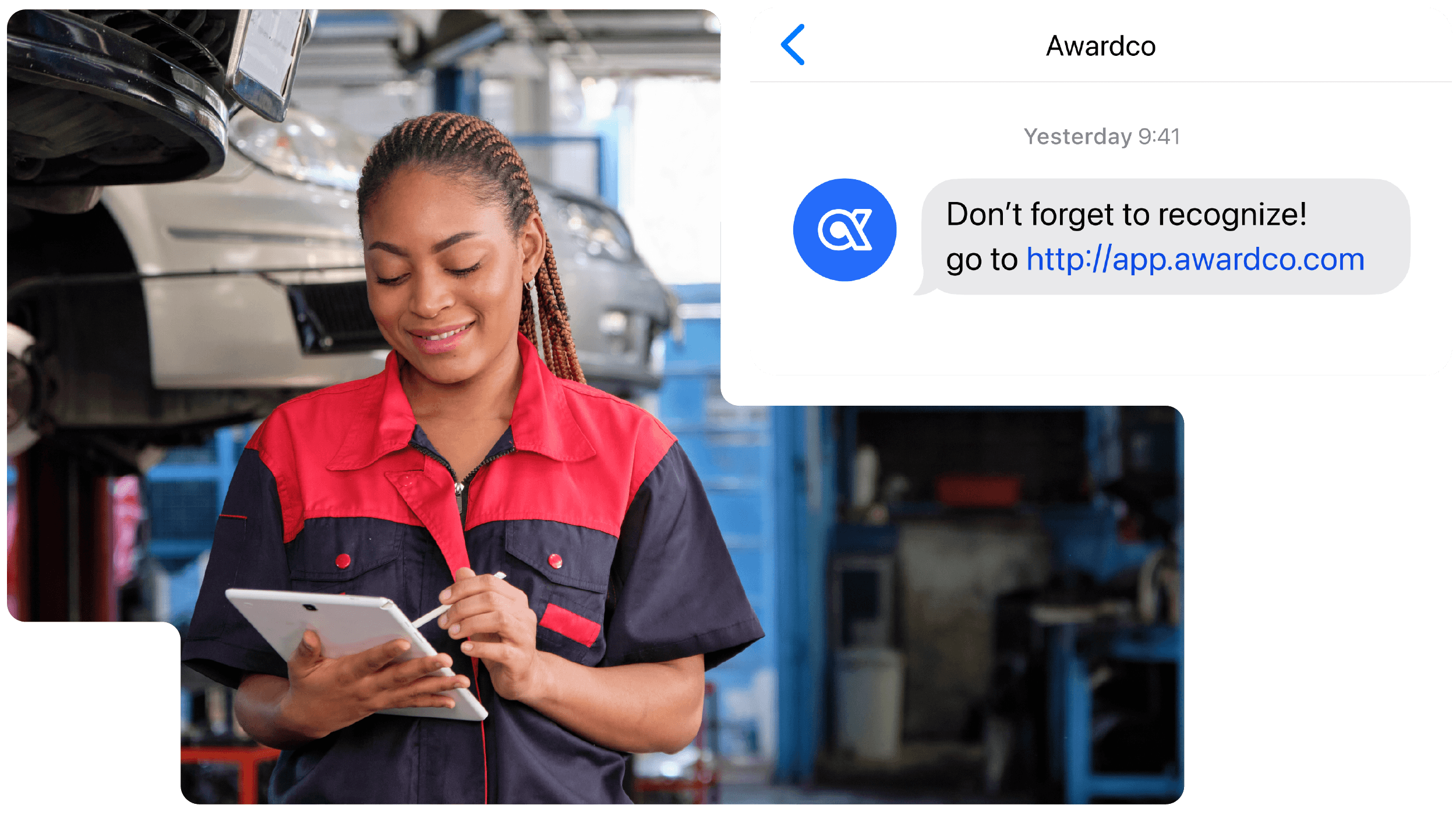 Smiling woman in a red and navy mechanic uniform using a tablet under a lifted car in a garage, alongside a message reminder to recognize at app.awardco.com.