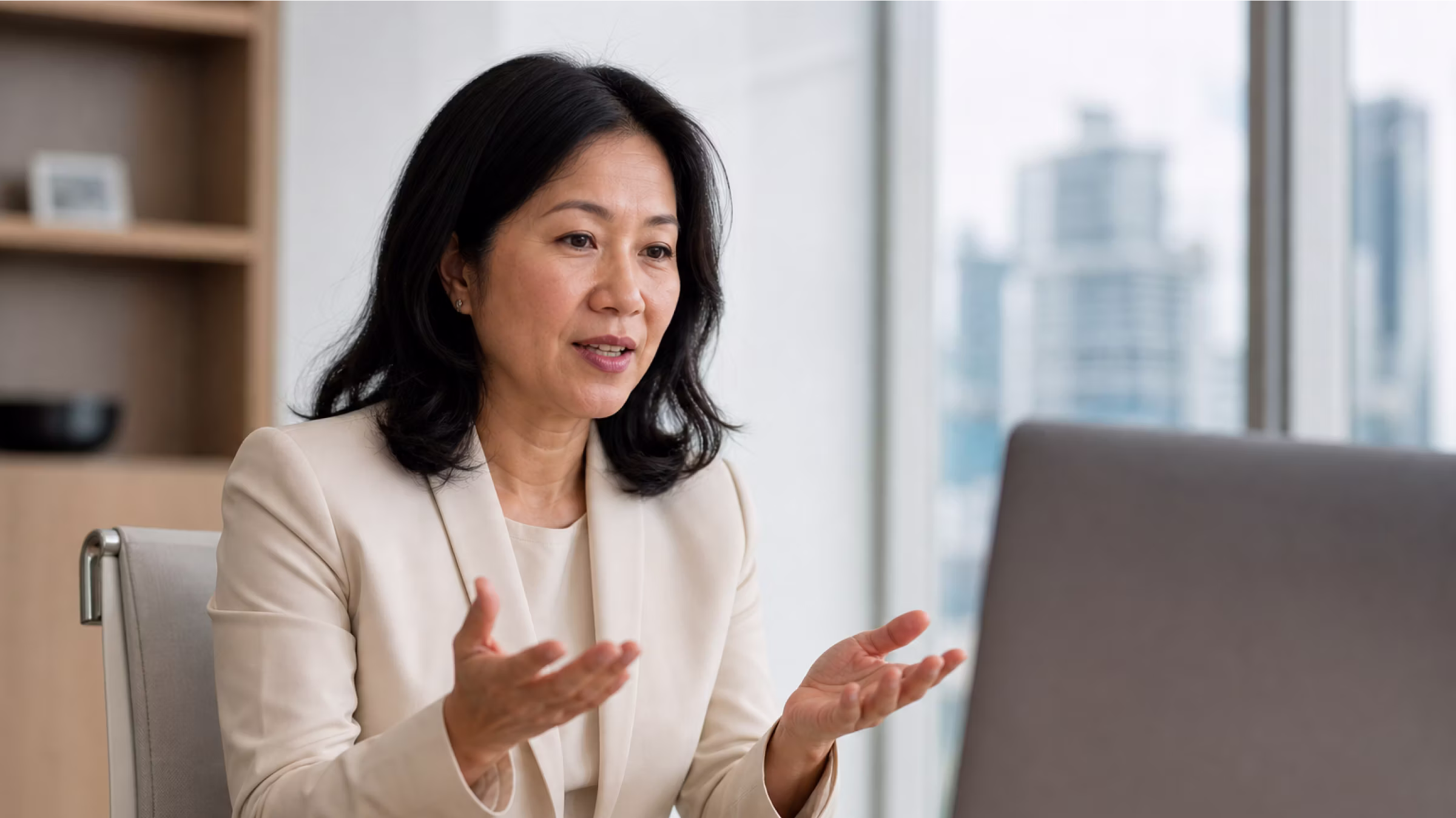 A woman with black hair wearing a beige blazer is sitting and gesturing with her hands while speaking in front of a laptop, with a window showing city buildings in the background.