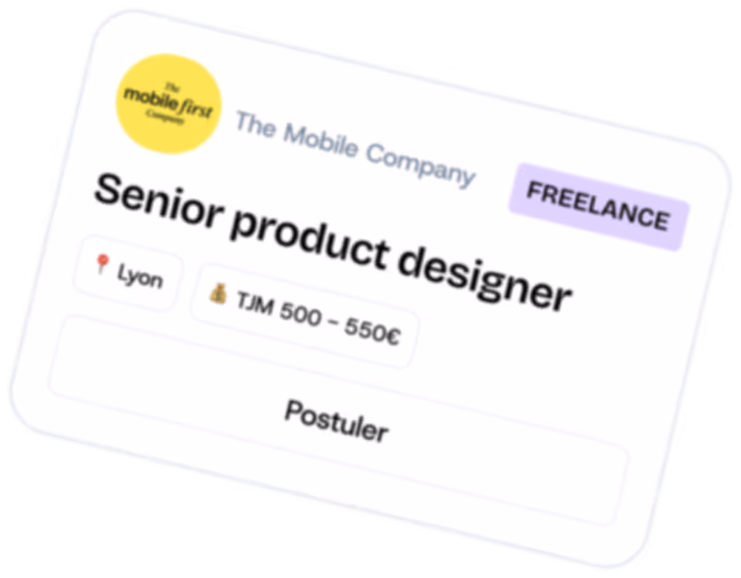 Offre d'emploi pour un poste de concepteur de produits senior en freelance chez The Mobile Company à Lyon, avec un tarif journalier compris entre 500 et 550 euros.