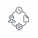 Icon showing a user profile, clock, document, and gear connected in a circle, symbolizing workflow or process management.