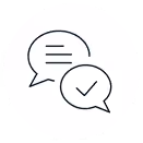 Two overlapping speech bubbles, one with text lines and the other with a checkmark.