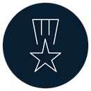 White line icon of a medal with a star in the center inside a dark blue circle.