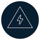 White electrical hazard warning symbol inside a triangle on dark circular background.