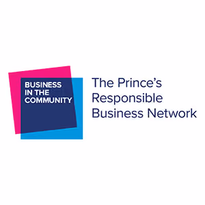 Logo of Business in the Community with overlapping pink, blue, and dark blue squares and text 'The Prince’s Responsible Business Network'.