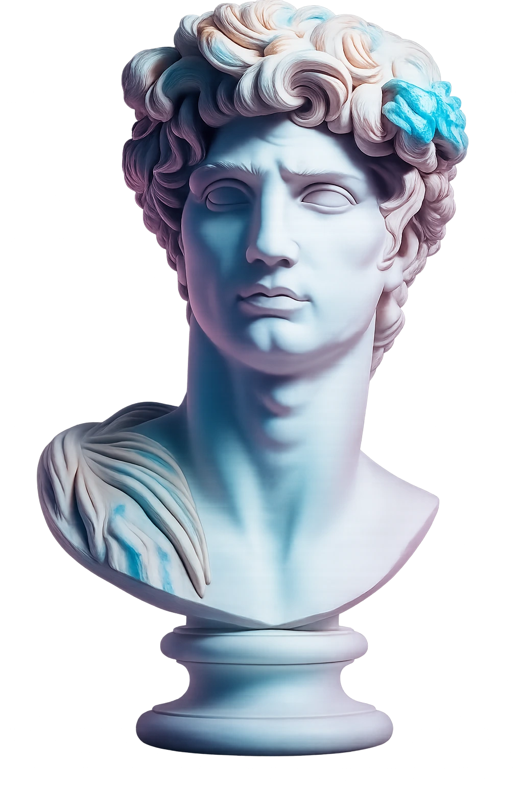 A stone bust of Michelangelo's David.