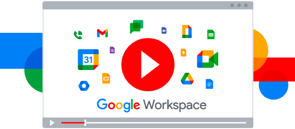 Capture d'écran d'une interface de lecteur vidéo montrant le logo Google Workspace au centre avec des icônes des applications Google autour, comme Gmail, Google Calendar, Google Drive, Google Docs, Google Sheets et Google Meet.