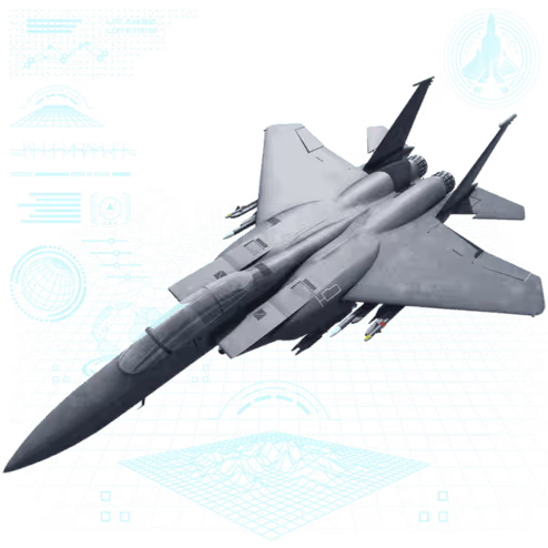 Gray fighter jet overlaid on a green digital grid with technical holographic interface elements.